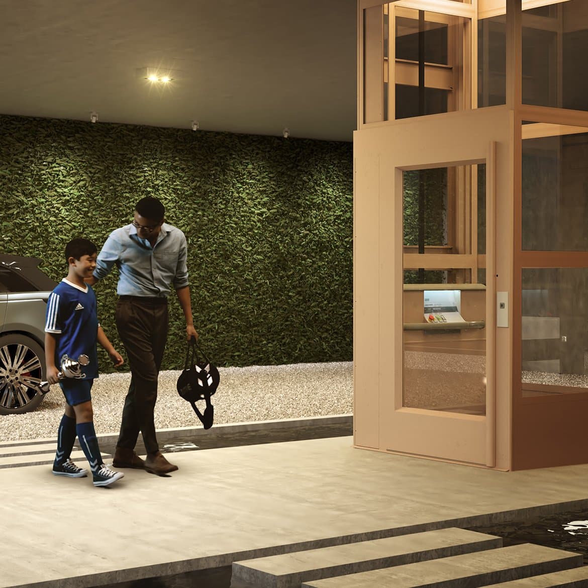 Father and son in front of Cibes lift